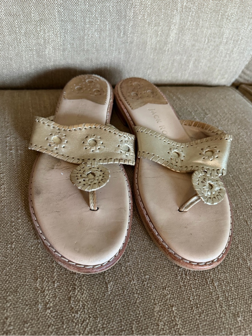 Jack Rogers Gold Leather Thong Sandals with Stitched Medallions